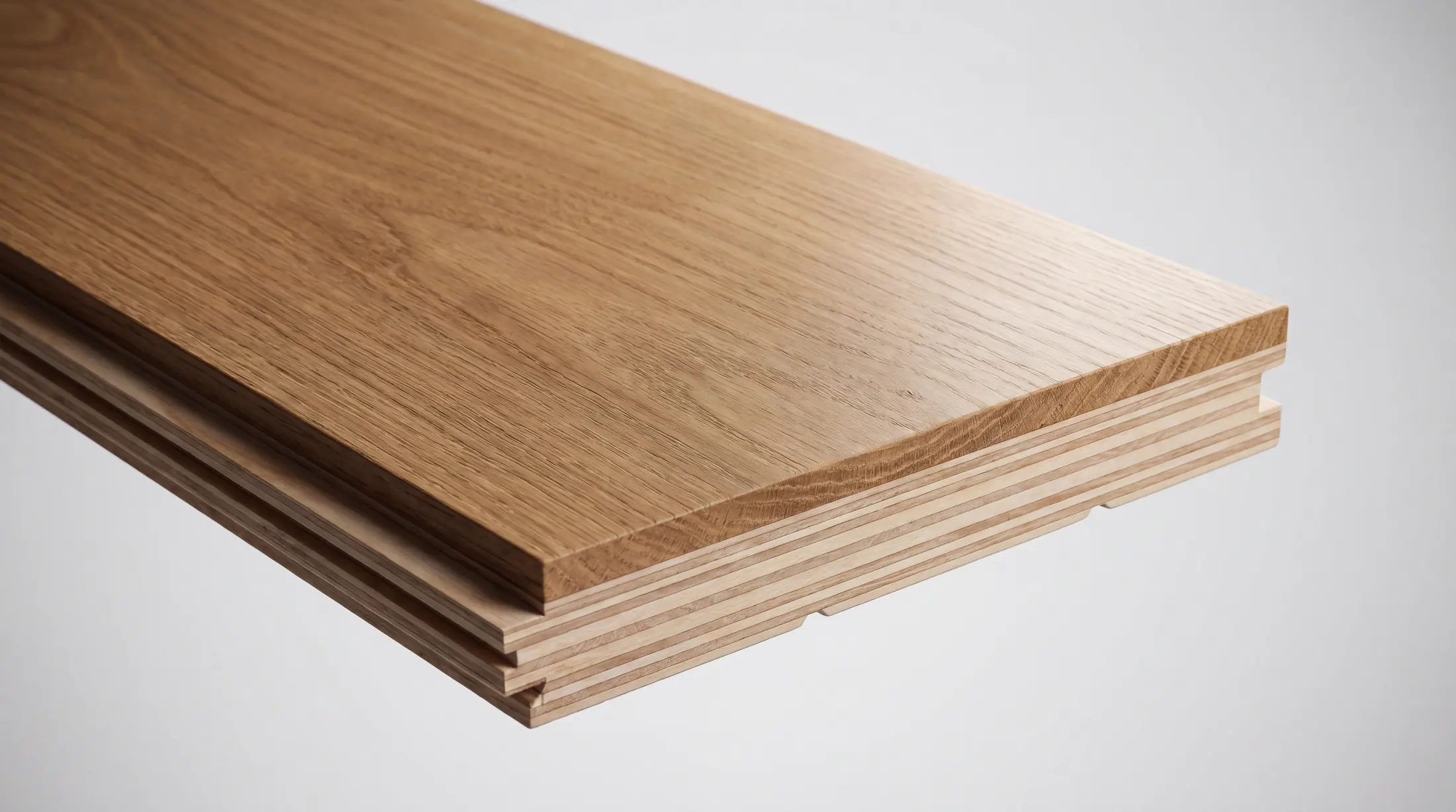 Engineered hardwood plank showing layered core construction